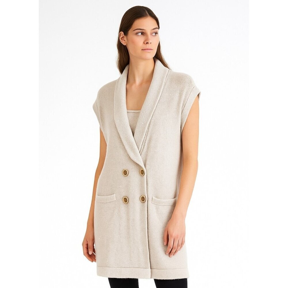 Brunello Cucinelli Cashmere Sleeveless Shawl Cardigan Speckled Knit Vest Double View 2